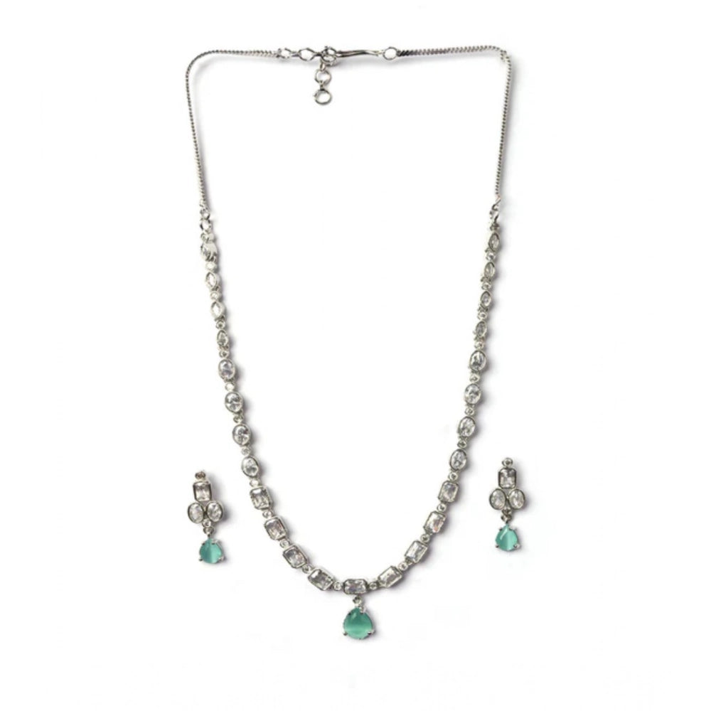 Amfyn Women's Brass Silver Plated Necklace set (Turquoise)