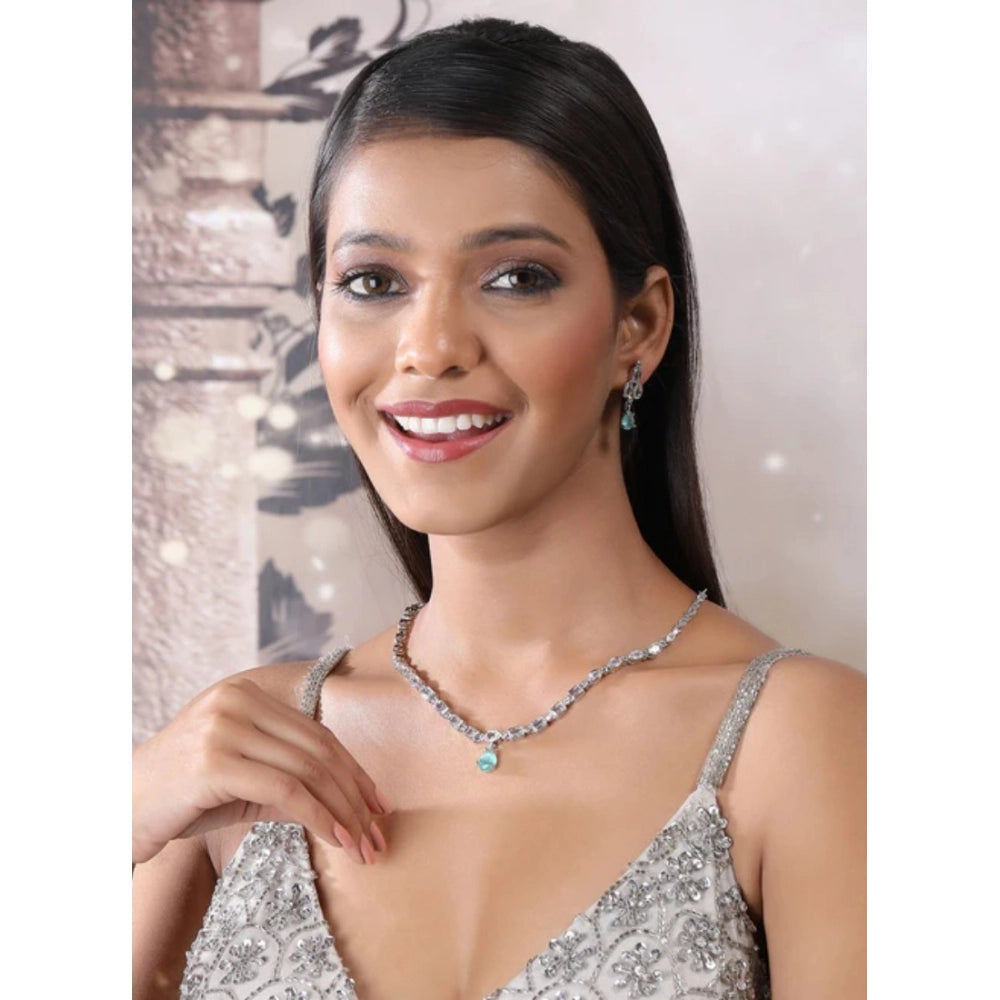 Amfyn Women's Brass Silver Plated Necklace set (Turquoise)