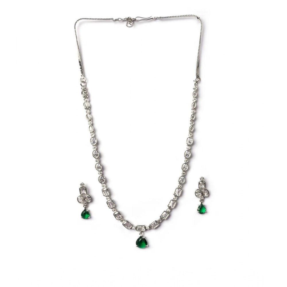 Amfyn Women's Brass Silver Plated Necklace set (Green)