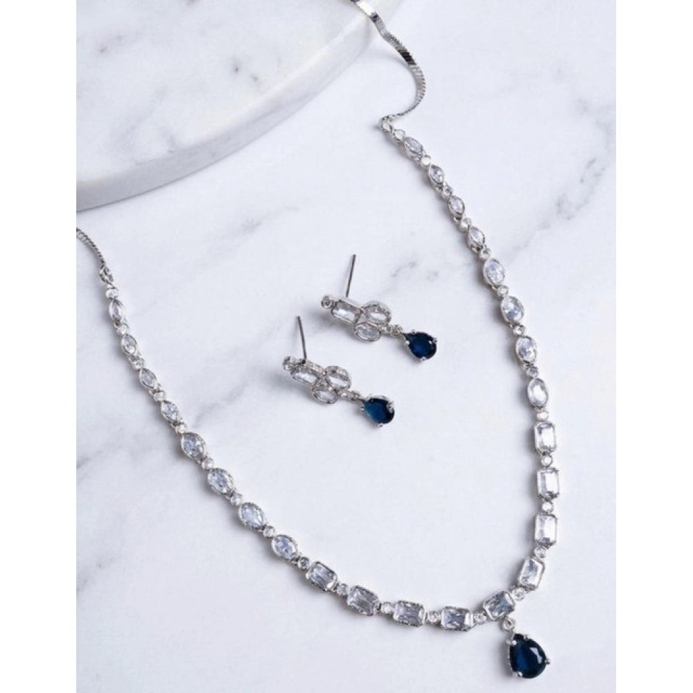 Amfyn Women's Brass Silver Plated Necklace set (Blue)