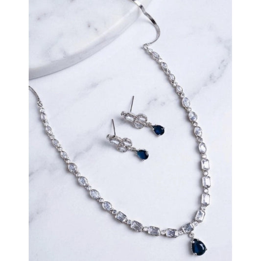 Amfyn Women's Brass Silver Plated Necklace set (Blue)