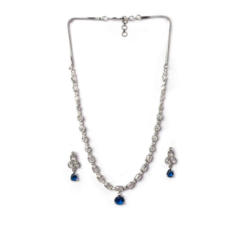 Amfyn Women's Brass Silver Plated Necklace set (Blue)