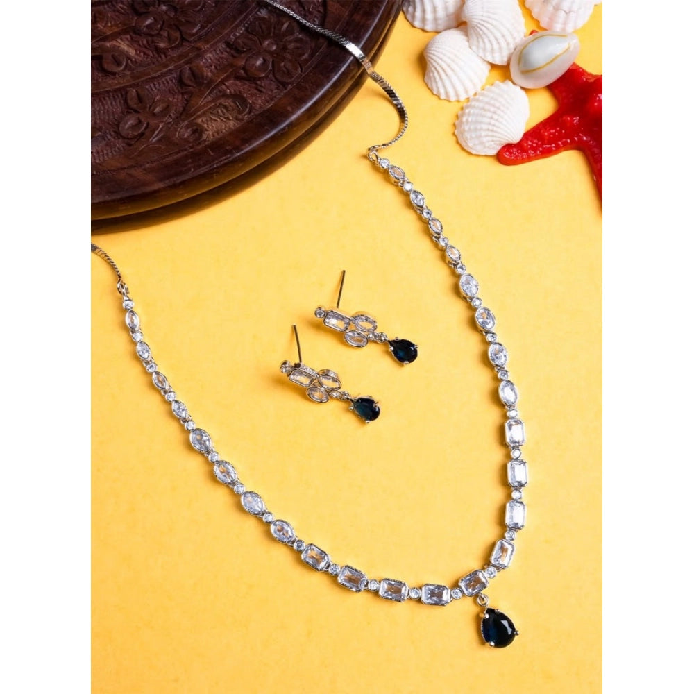 Amfyn Women's Brass Silver Plated Necklace set (Blue)