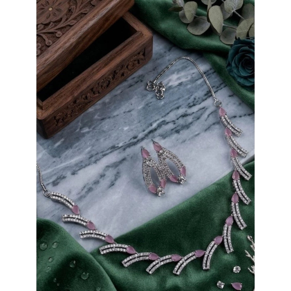 Amfyn Women's Brass Silver Plated Necklace set (Pink)