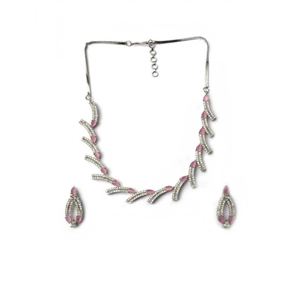 Amfyn Women's Brass Silver Plated Necklace set (Pink)