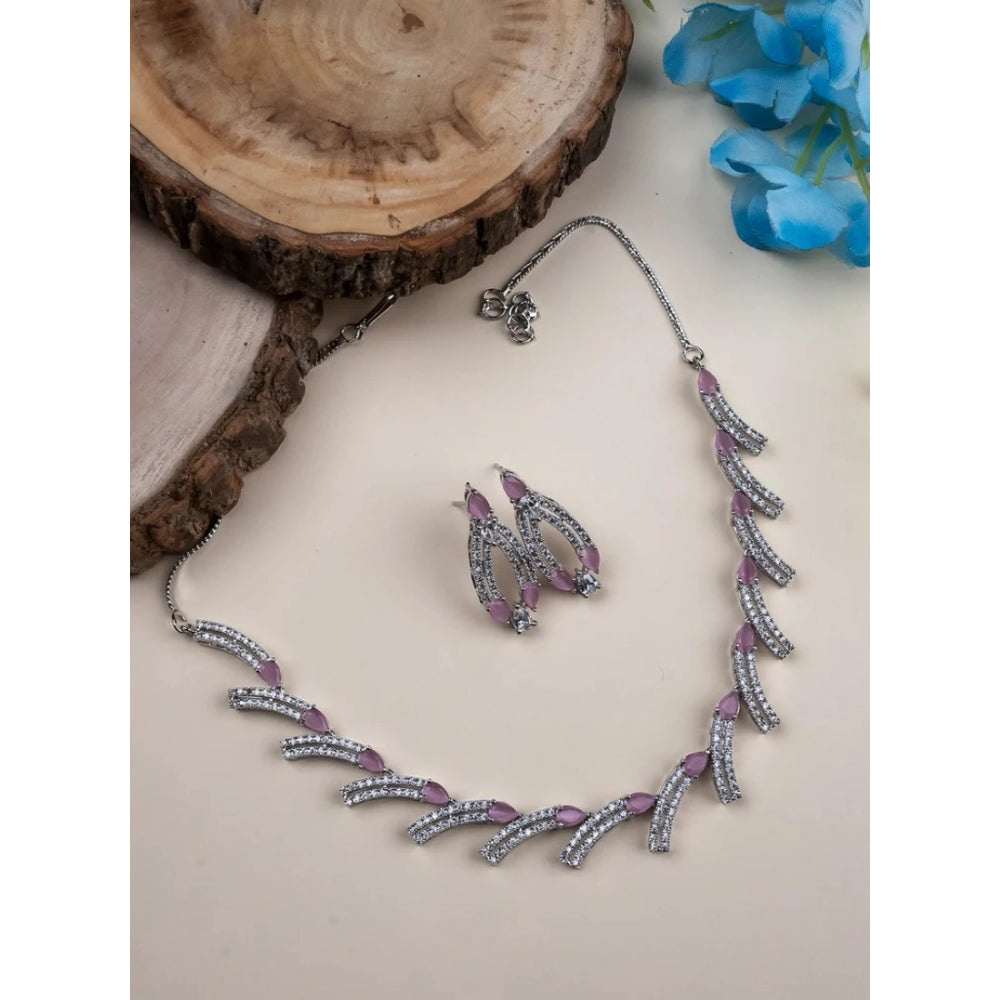 Amfyn Women's Brass Silver Plated Necklace set (Pink)