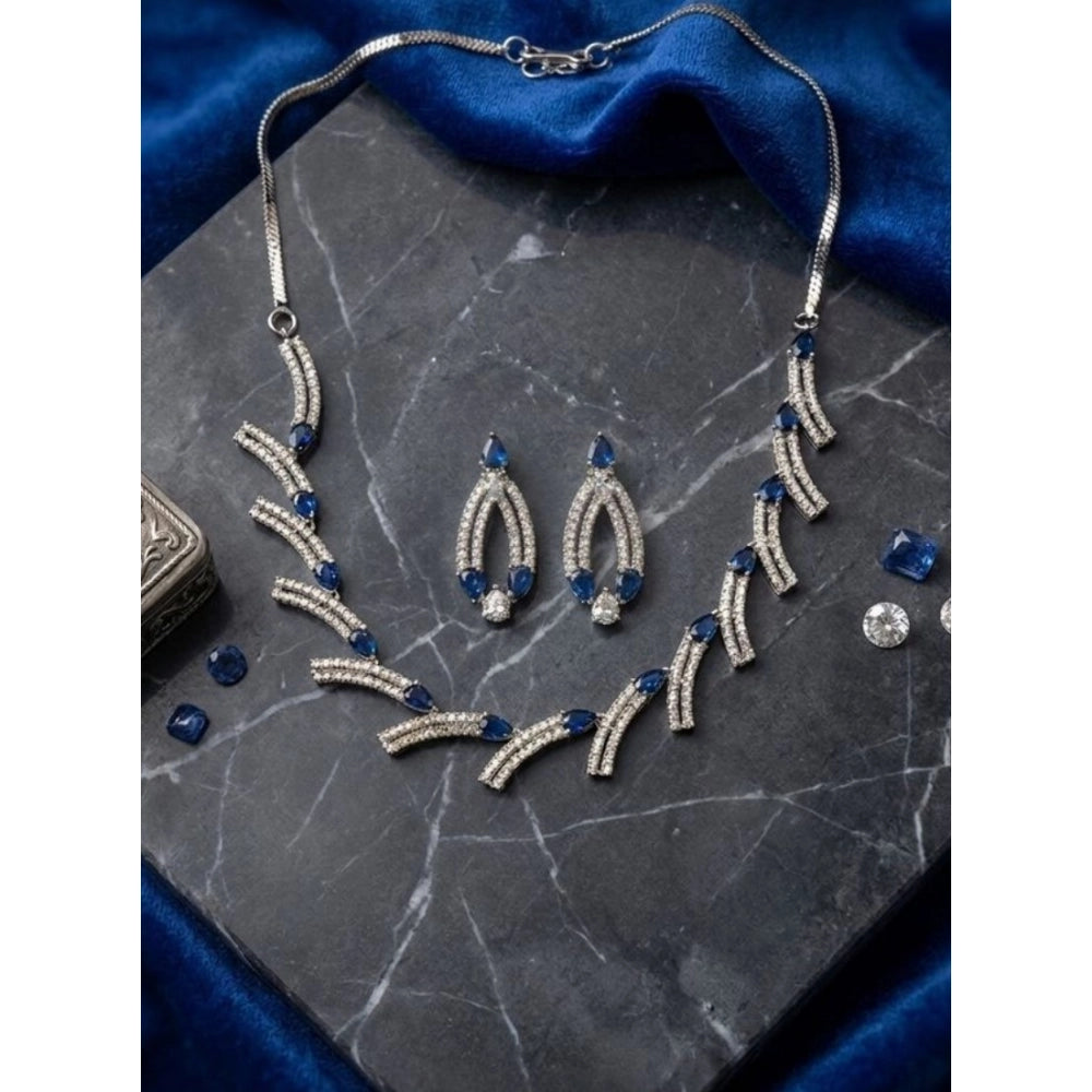 Amfyn Women's Brass Silver Plated Necklace set (Blue)