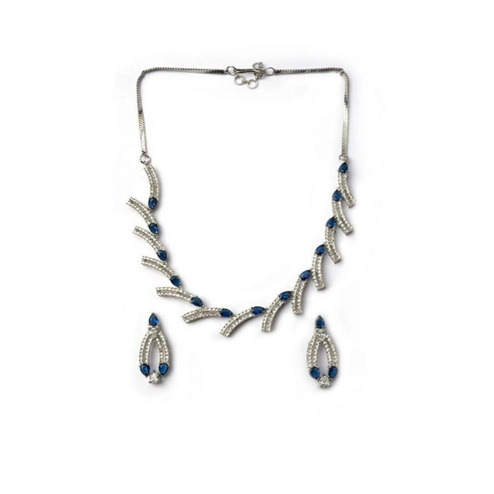 Amfyn Women's Brass Silver Plated Necklace set (Blue)