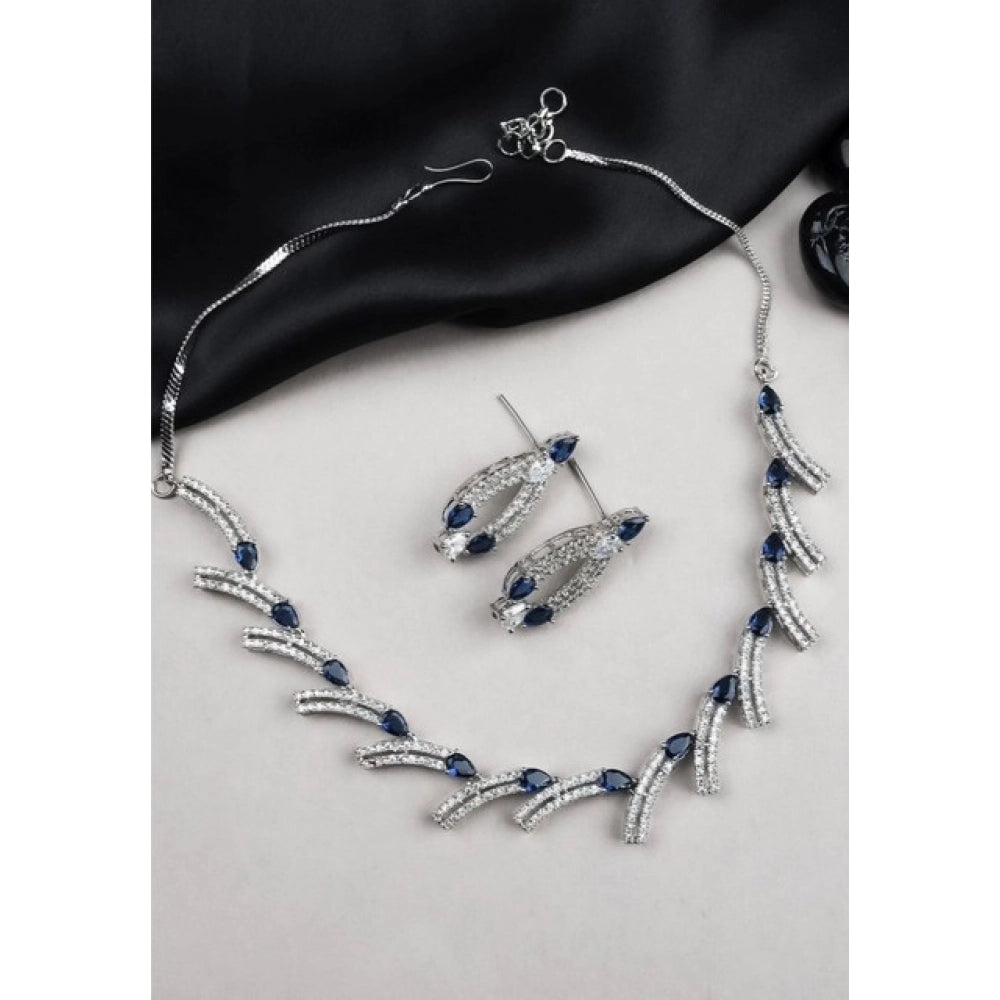 Amfyn Women's Brass Silver Plated Necklace set (Blue)