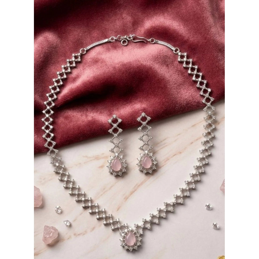 Amfyn Women's Brass Silver Plated Necklace set (Pink)