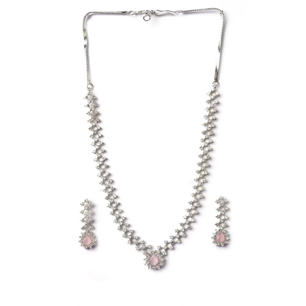 Amfyn Women's Brass Silver Plated Necklace set (Pink)