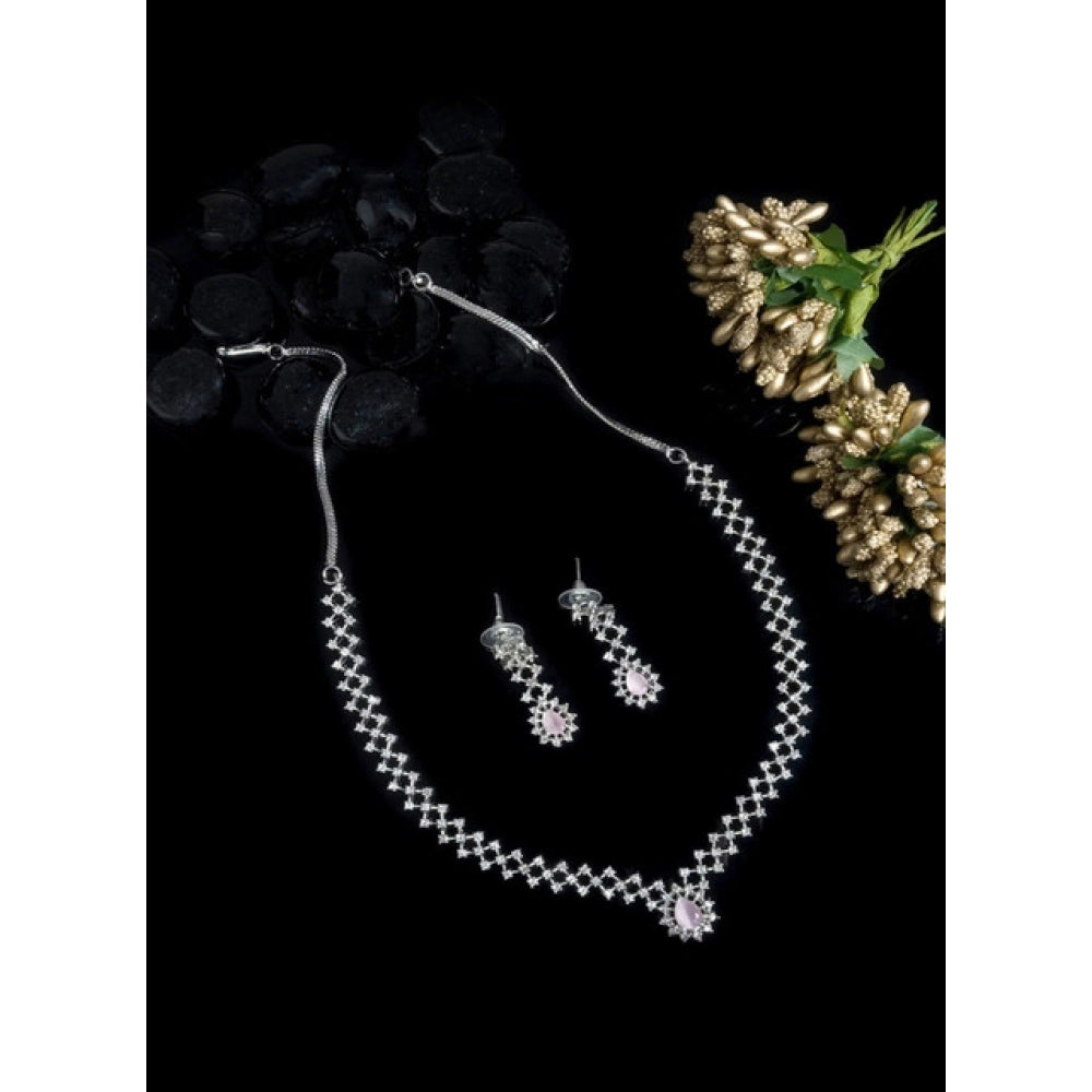 Amfyn Women's Brass Silver Plated Necklace set (Pink)
