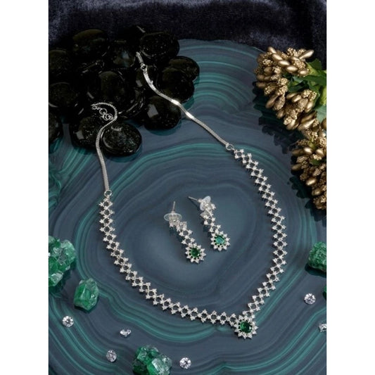 Amfyn Women's Brass Silver Plated Necklace set (Green)