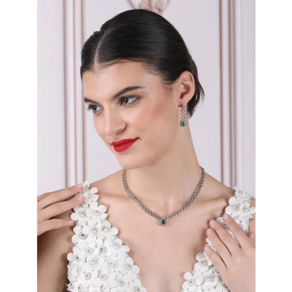 Amfyn Women's Brass Silver Plated Necklace set (Green)