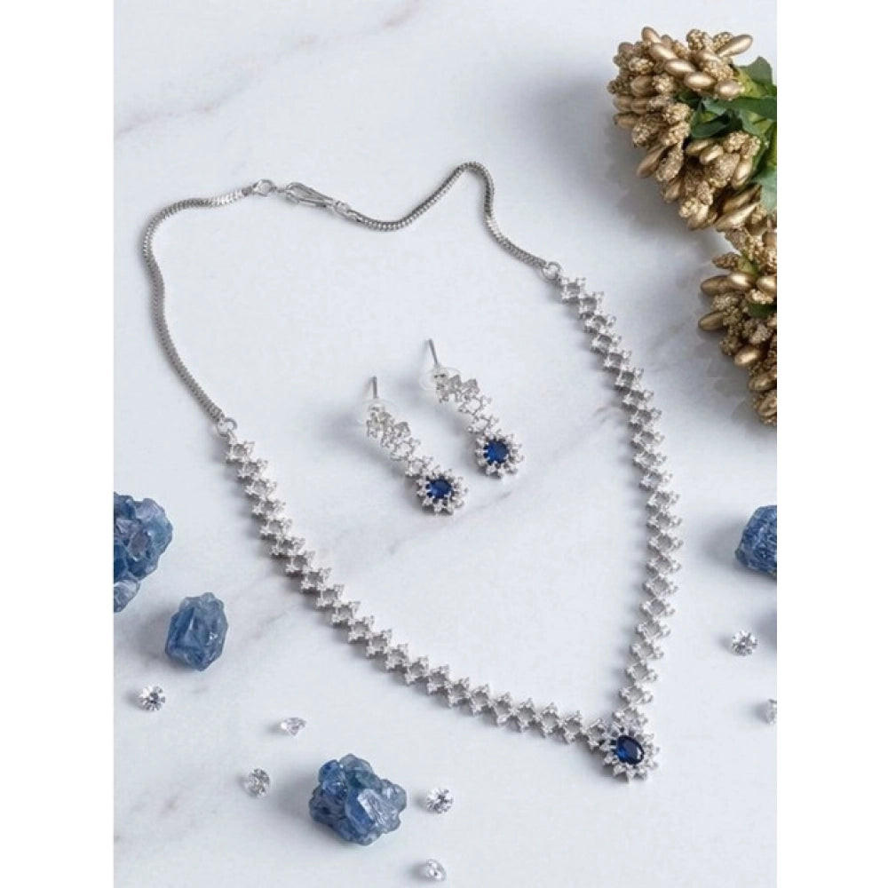 Amfyn Women's Brass Silver Plated Necklace set (Blue)