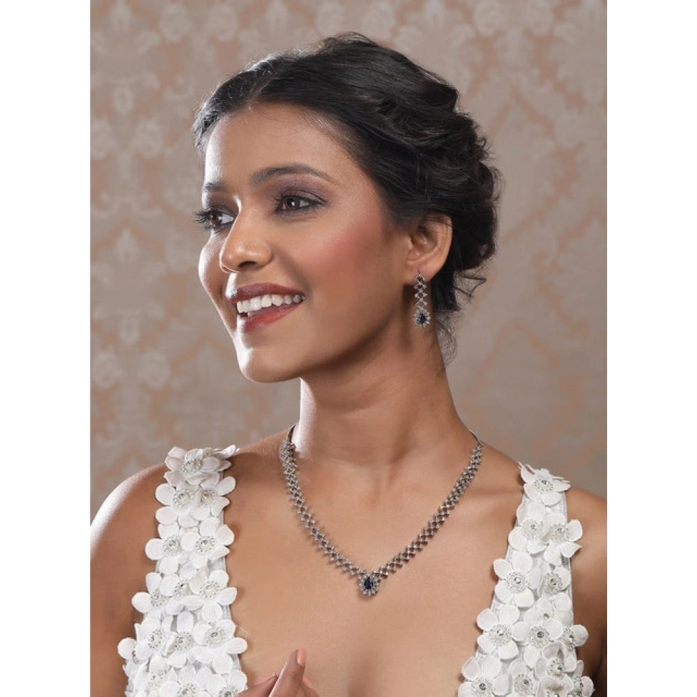 Amfyn Women's Brass Silver Plated Necklace set (Blue)