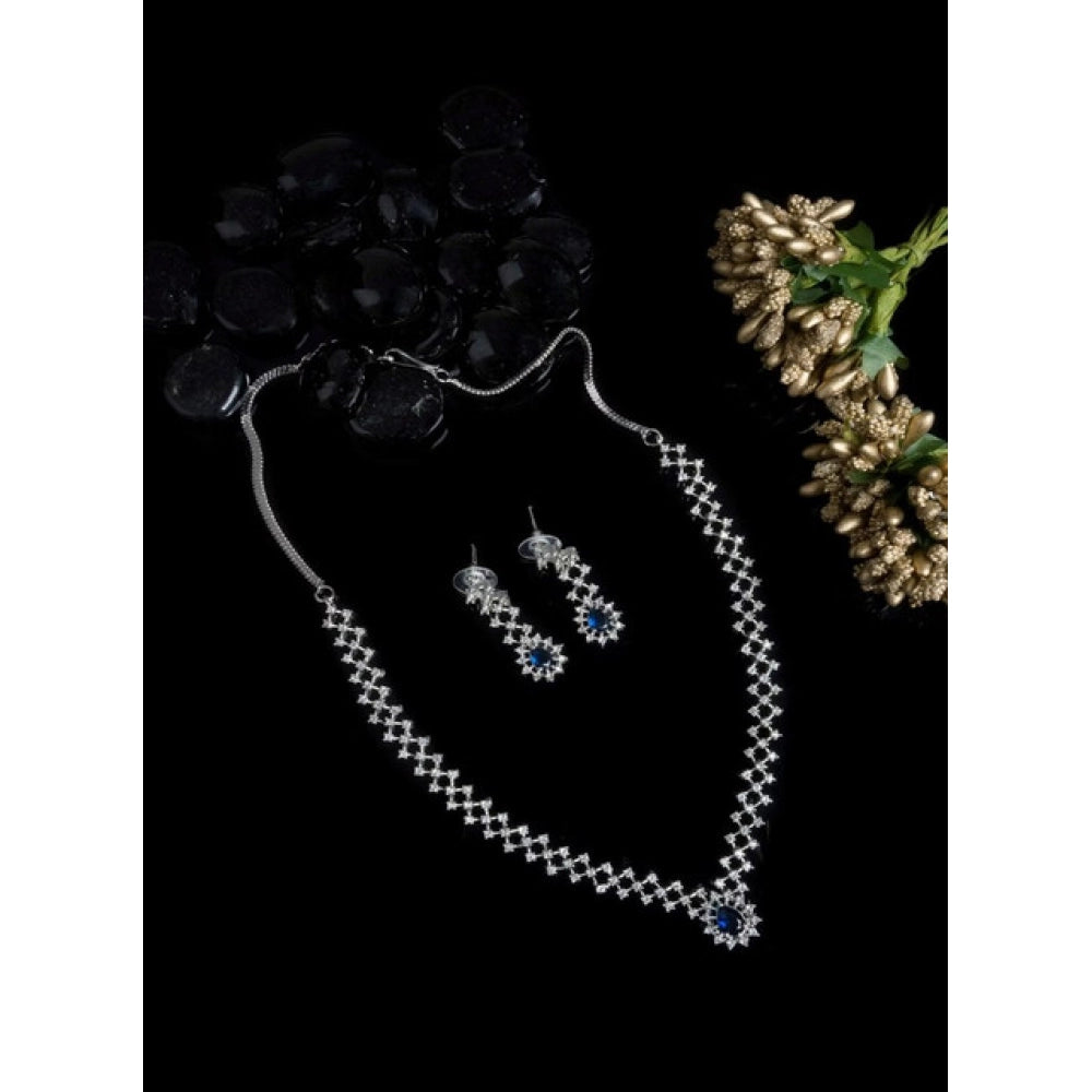 Amfyn Women's Brass Silver Plated Necklace set (Blue)