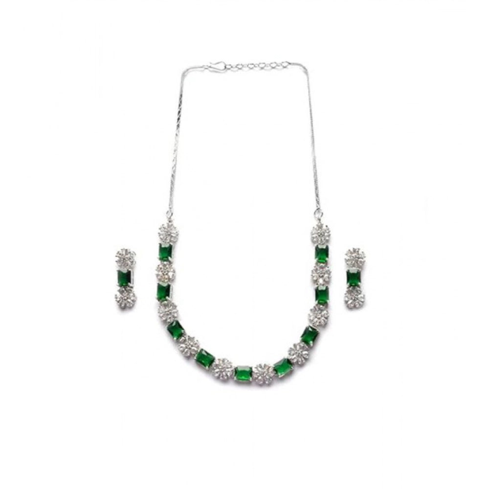 Amfyn Women's Brass Silver Plated Necklace set (Green)