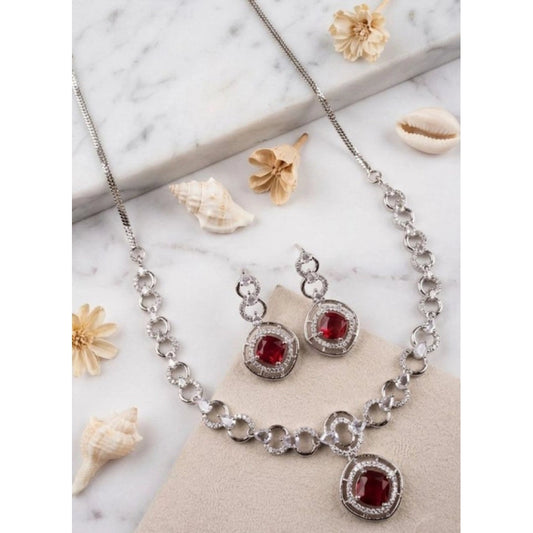 Amfyn Women's Brass Silver Plated Necklace set (Red)