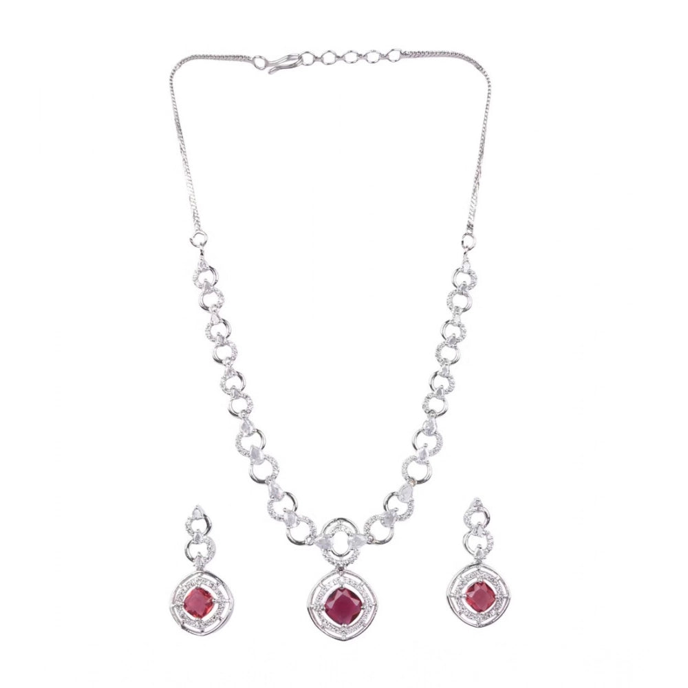 Amfyn Women's Brass Silver Plated Necklace set (Red)