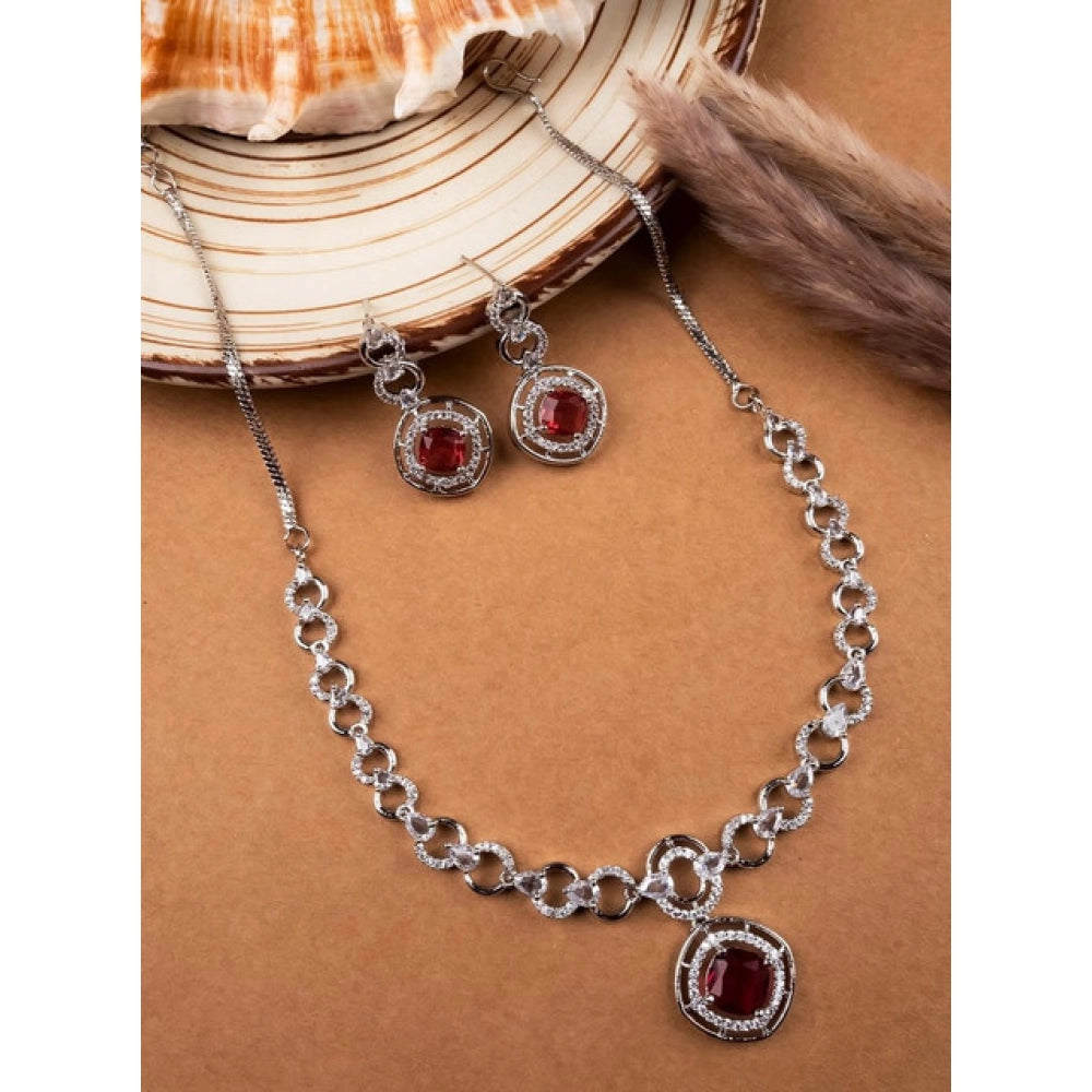 Amfyn Women's Brass Silver Plated Necklace set (Red)