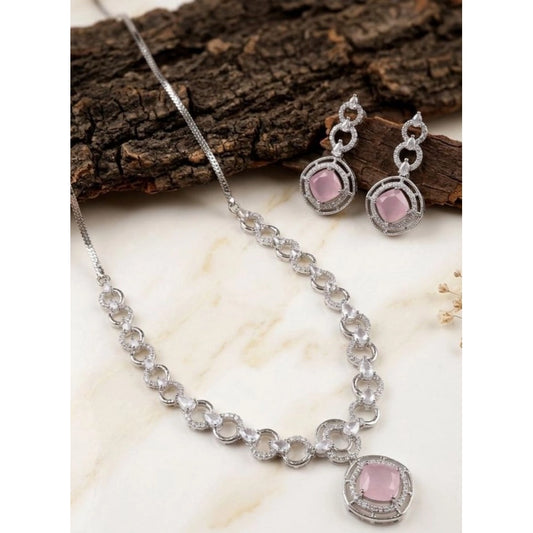 Amfyn Women's Brass Silver Plated Necklace set (Pink)