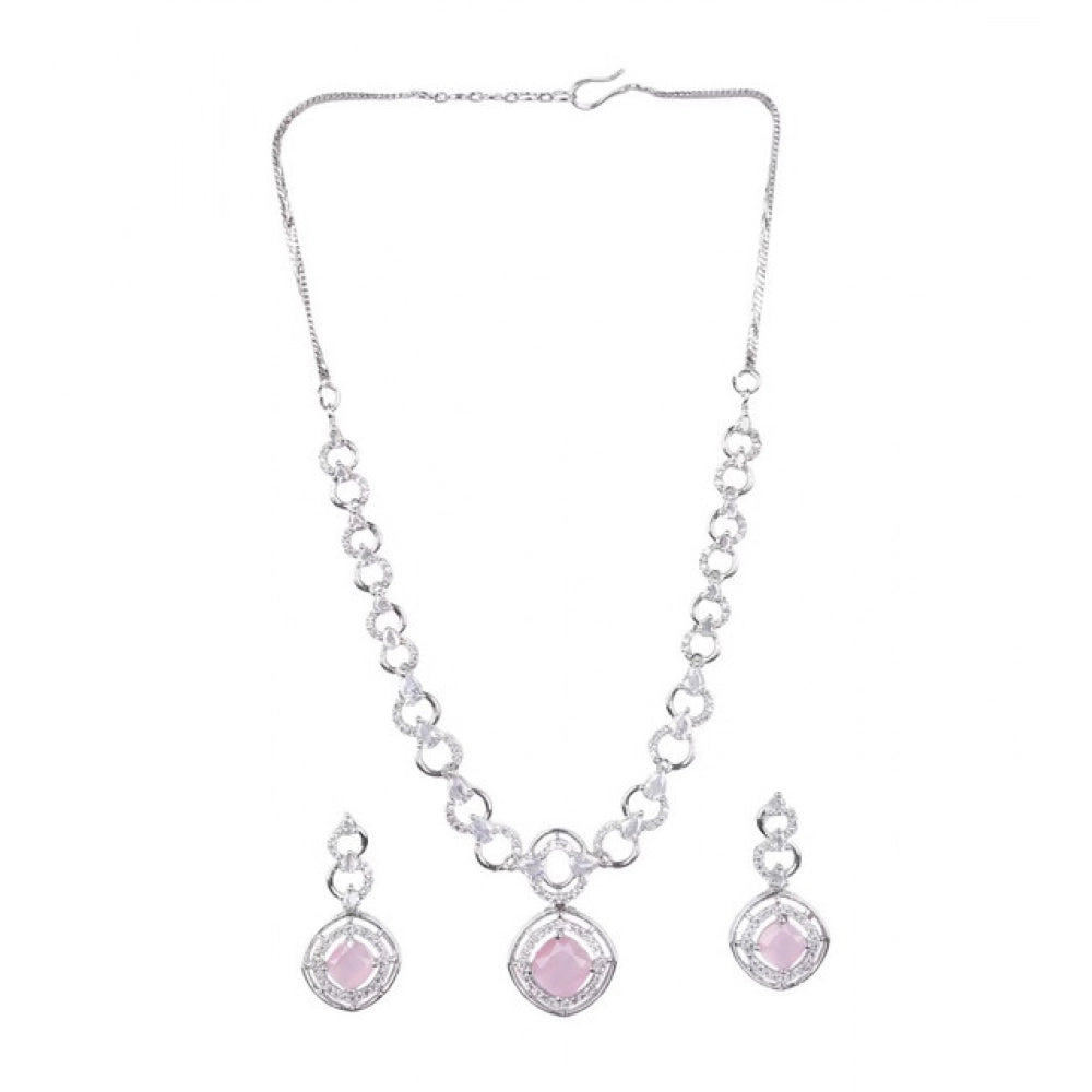 Amfyn Women's Brass Silver Plated Necklace set (Pink)