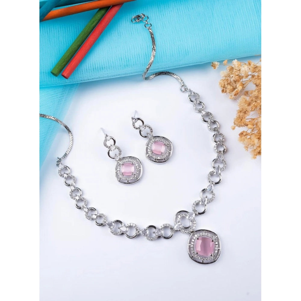 Amfyn Women's Brass Silver Plated Necklace set (Pink)