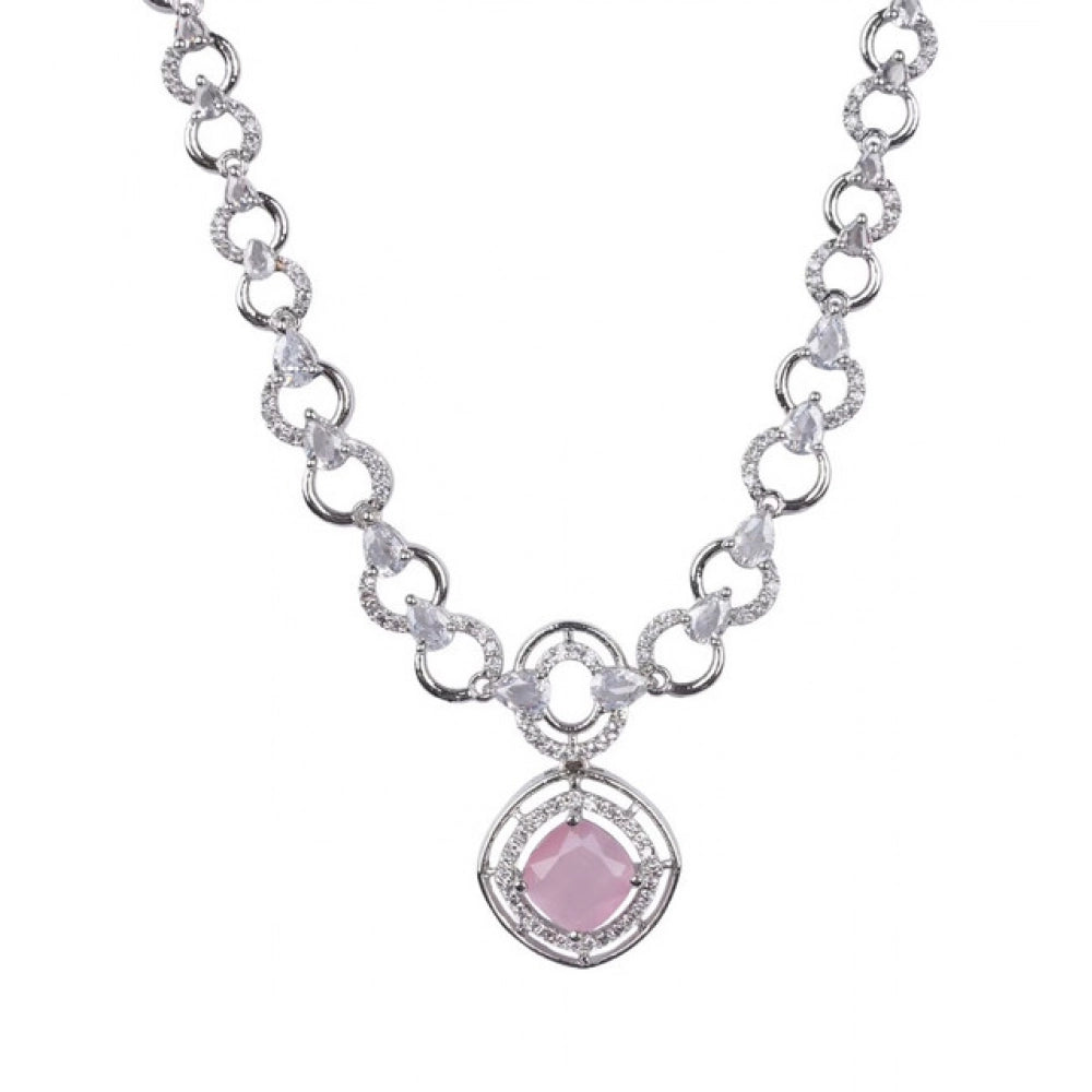 Amfyn Women's Brass Silver Plated Necklace set (Pink)