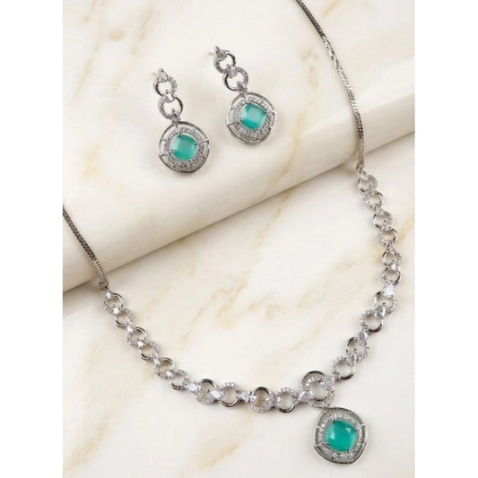 Amfyn Women's Brass Silver Plated Necklace set (Turquoise)