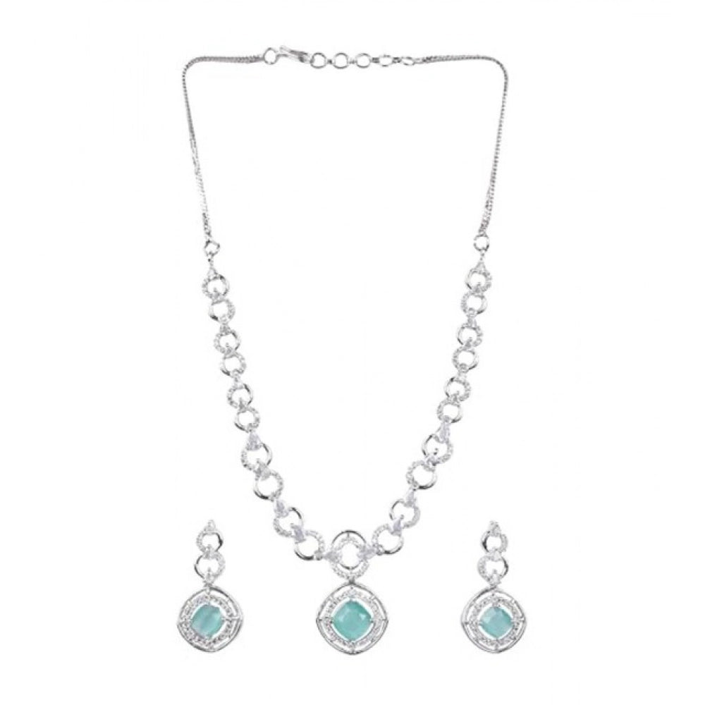 Amfyn Women's Brass Silver Plated Necklace set (Turquoise)