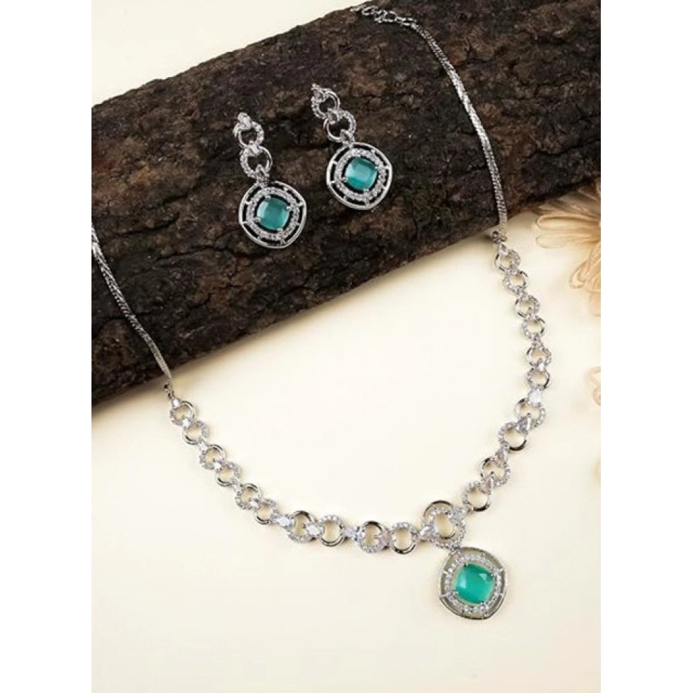 Amfyn Women's Brass Silver Plated Necklace set (Turquoise)