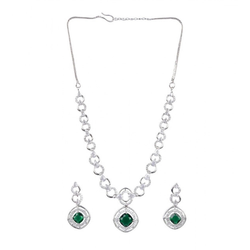 Amfyn Women's Brass Silver Plated Necklace set (Green)