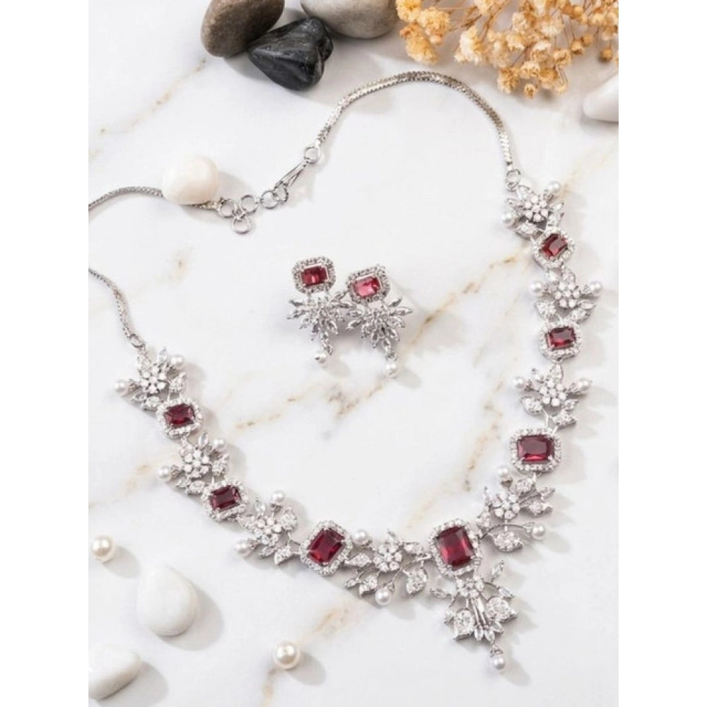 Amfyn Women's Brass Silver Plated Necklace set (Red)