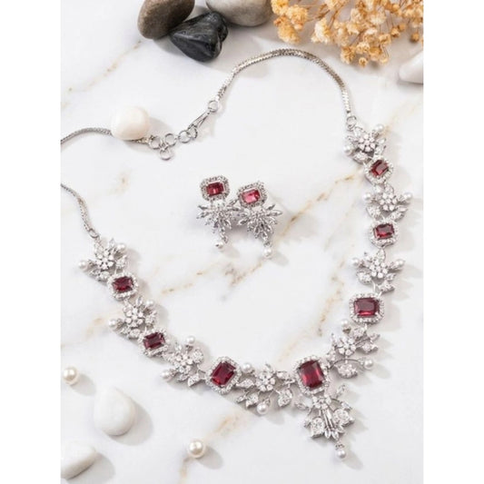 Amfyn Women's Brass Silver Plated Necklace set (Red)