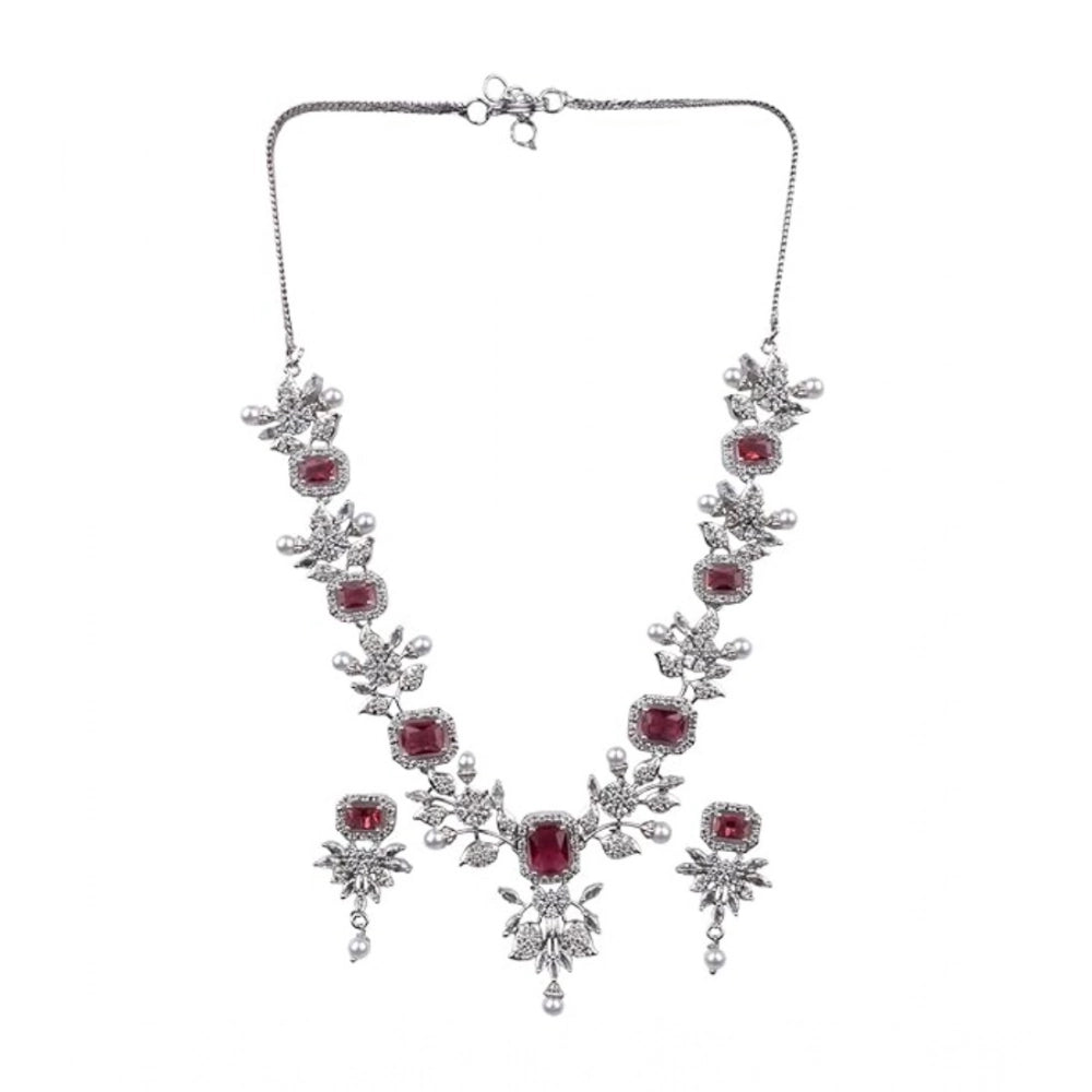 Amfyn Women's Brass Silver Plated Necklace set (Red)