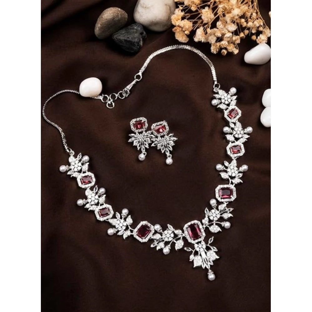 Amfyn Women's Brass Silver Plated Necklace set (Red)