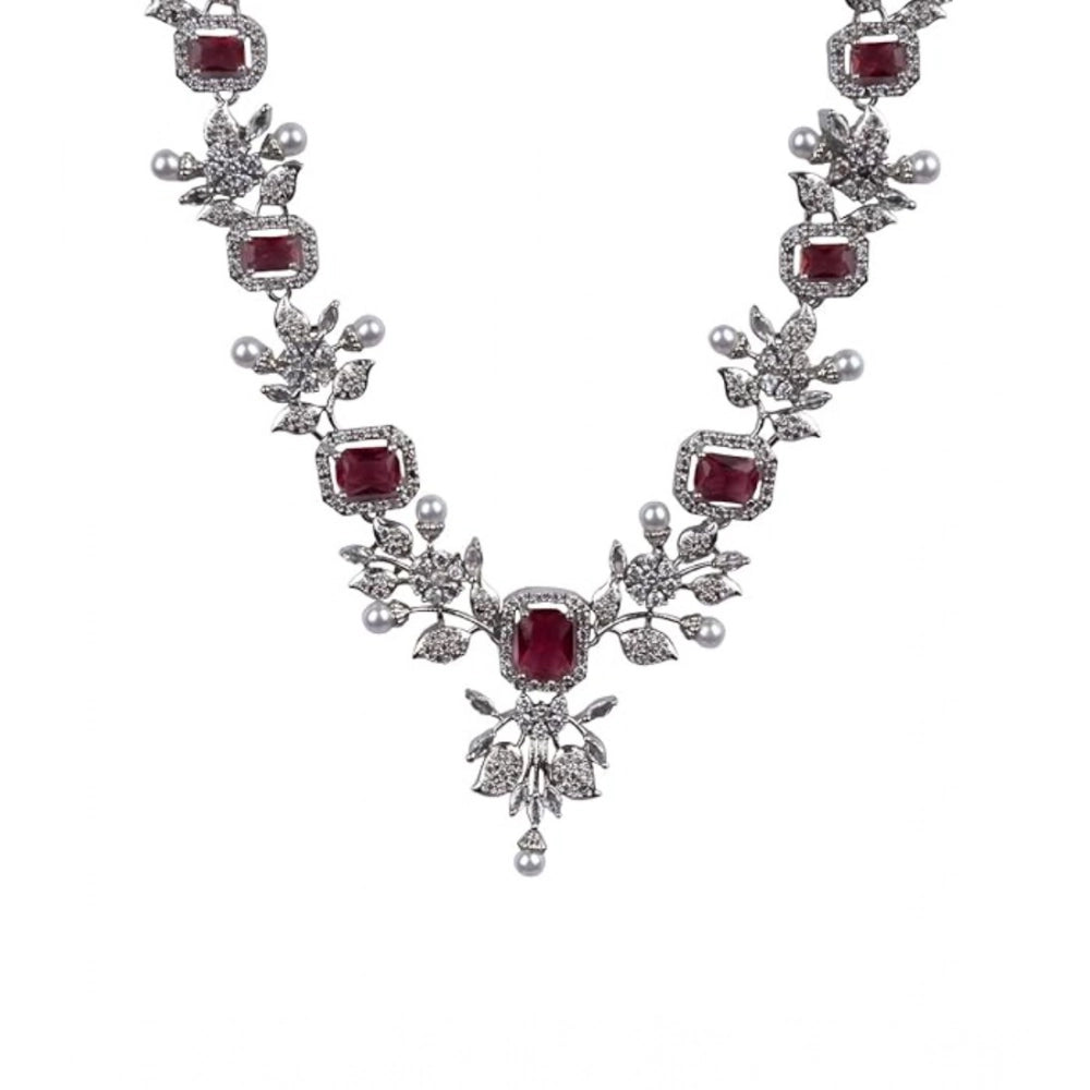 Amfyn Women's Brass Silver Plated Necklace set (Red)