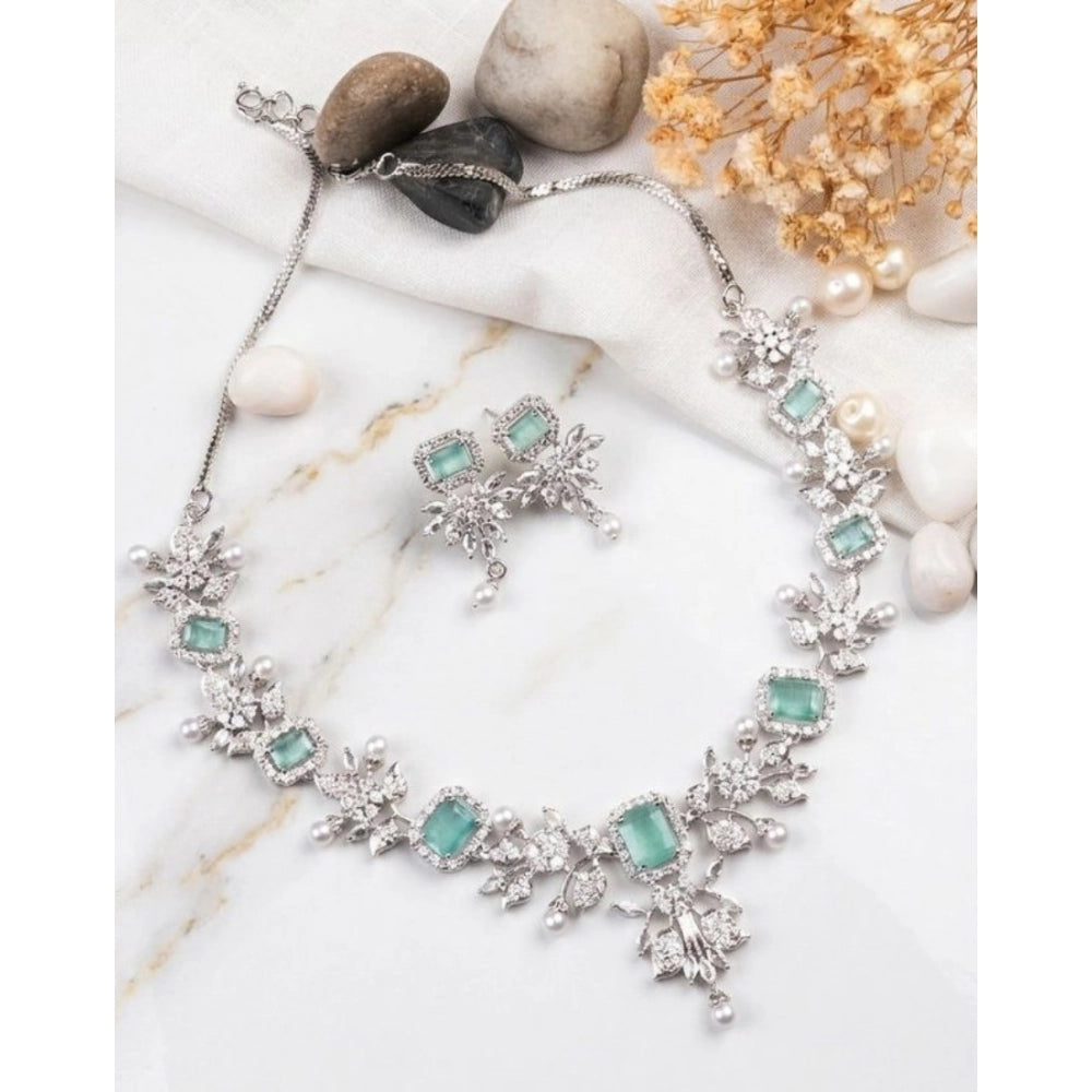 Amfyn Women's Brass Silver Plated Necklace set (Turquoise)