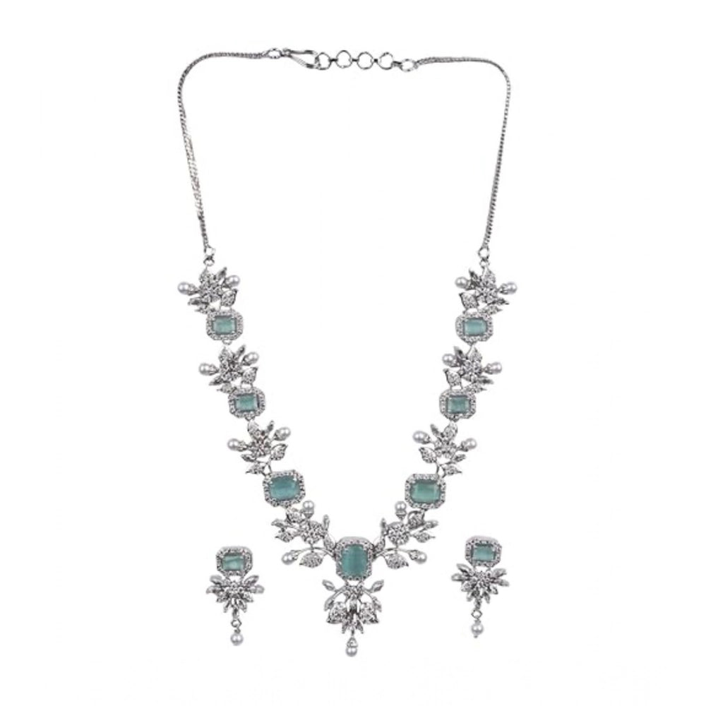 Amfyn Women's Brass Silver Plated Necklace set (Turquoise)