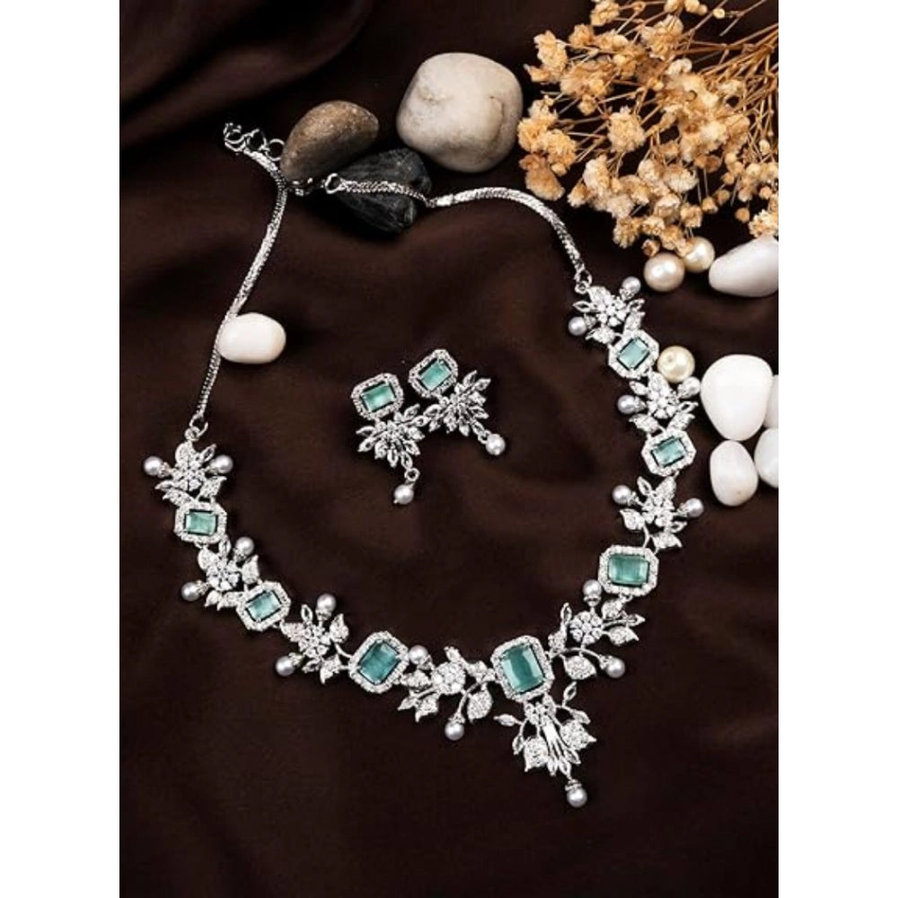 Amfyn Women's Brass Silver Plated Necklace set (Turquoise)