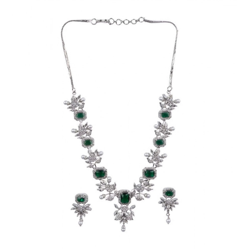 Amfyn Women's Brass Silver Plated Necklace set (Green)