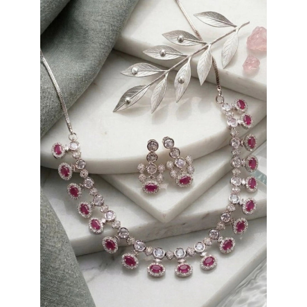 Amfyn Women's Brass Silver Plated Necklace set (Pink)