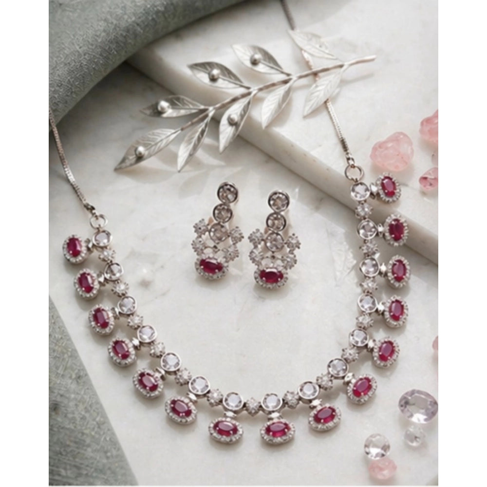 Amfyn Women's Brass Silver Plated Necklace set (Pink)