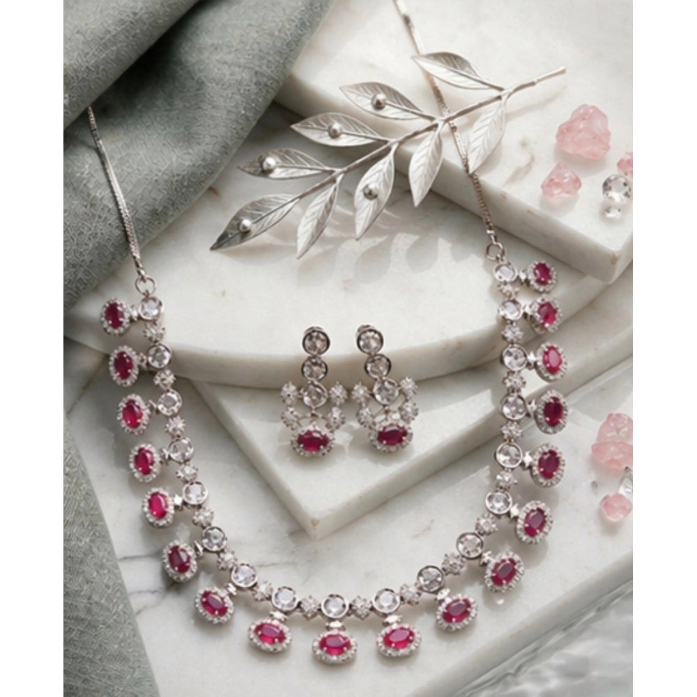 Amfyn Women's Brass Silver Plated Necklace set (Pink)