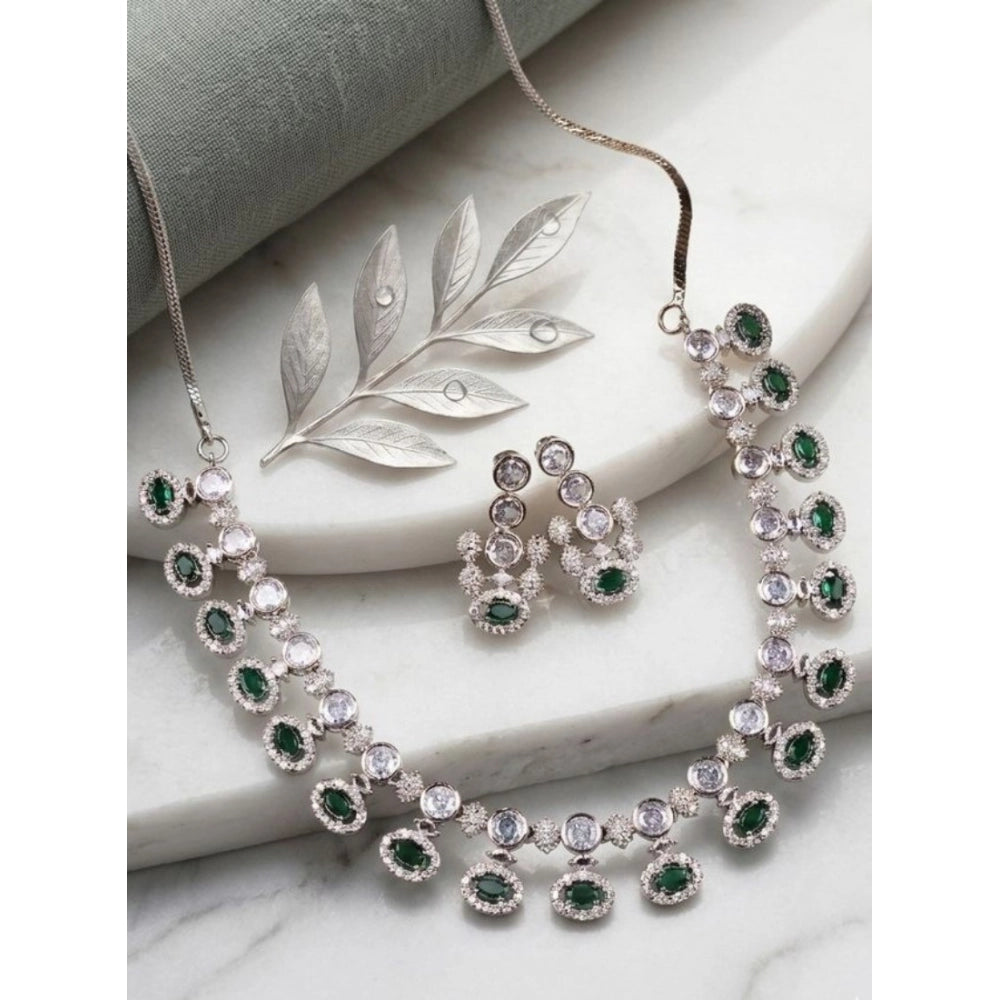 Amfyn Women's Brass Silver Plated Necklace set (Green)