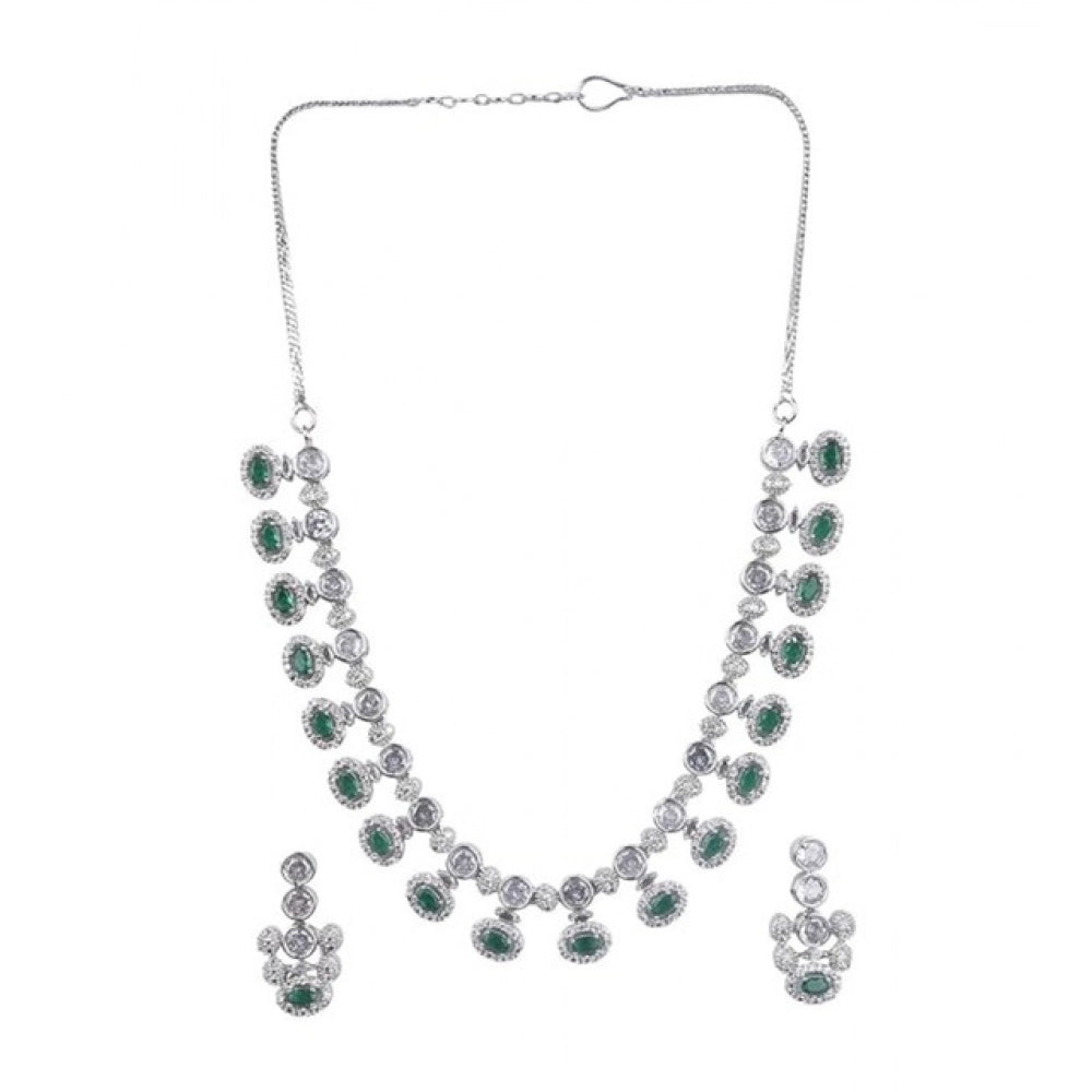 Amfyn Women's Brass Silver Plated Necklace set (Green)