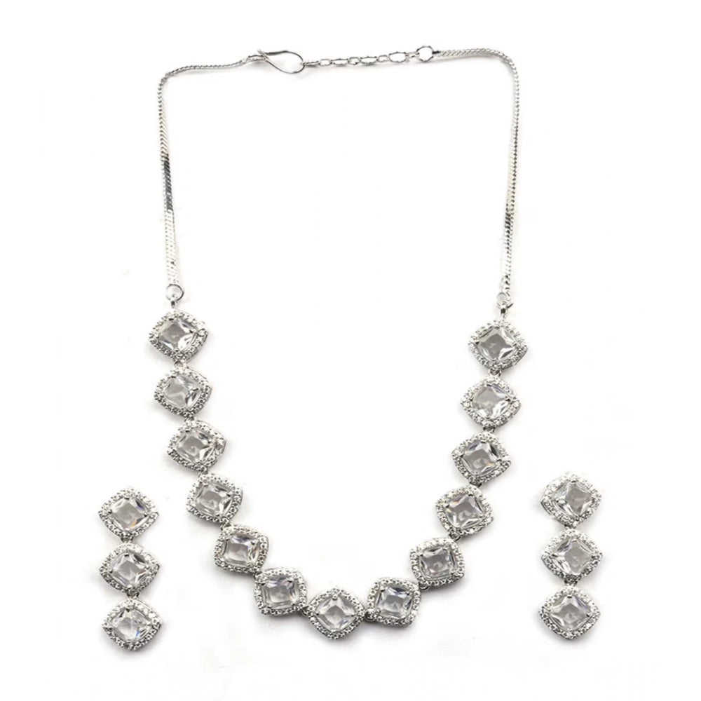 Amfyn Women's Brass Silver Plated Necklace set (White)