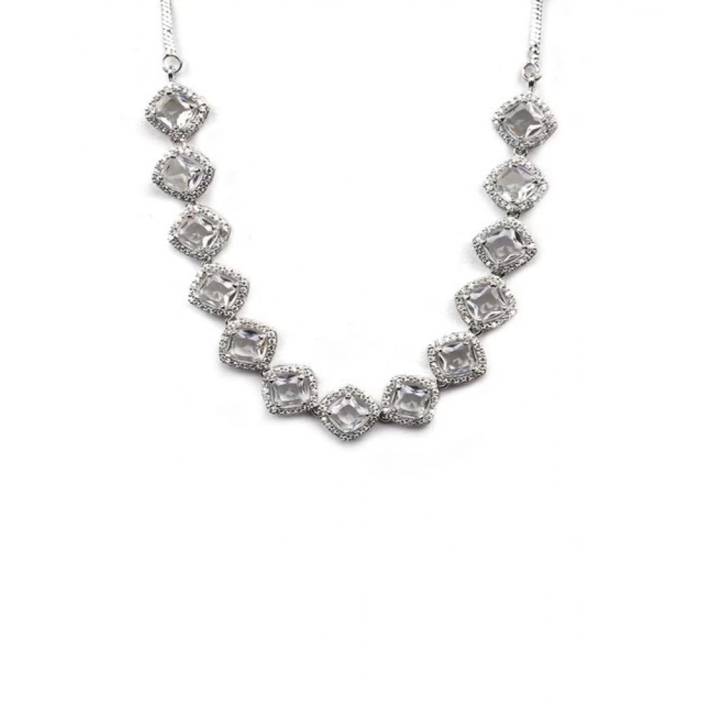 Amfyn Women's Brass Silver Plated Necklace set (White)