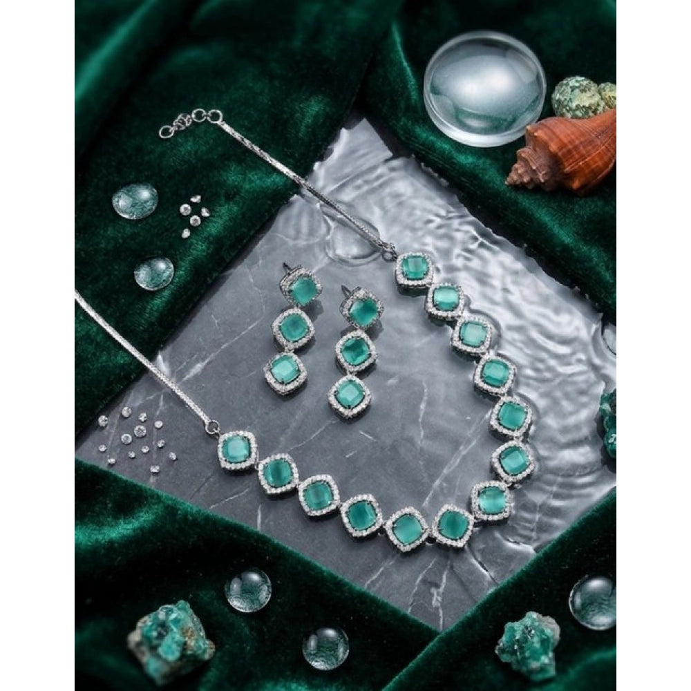 Amfyn Women's Brass Silver Plated Necklace set (Turquoise)